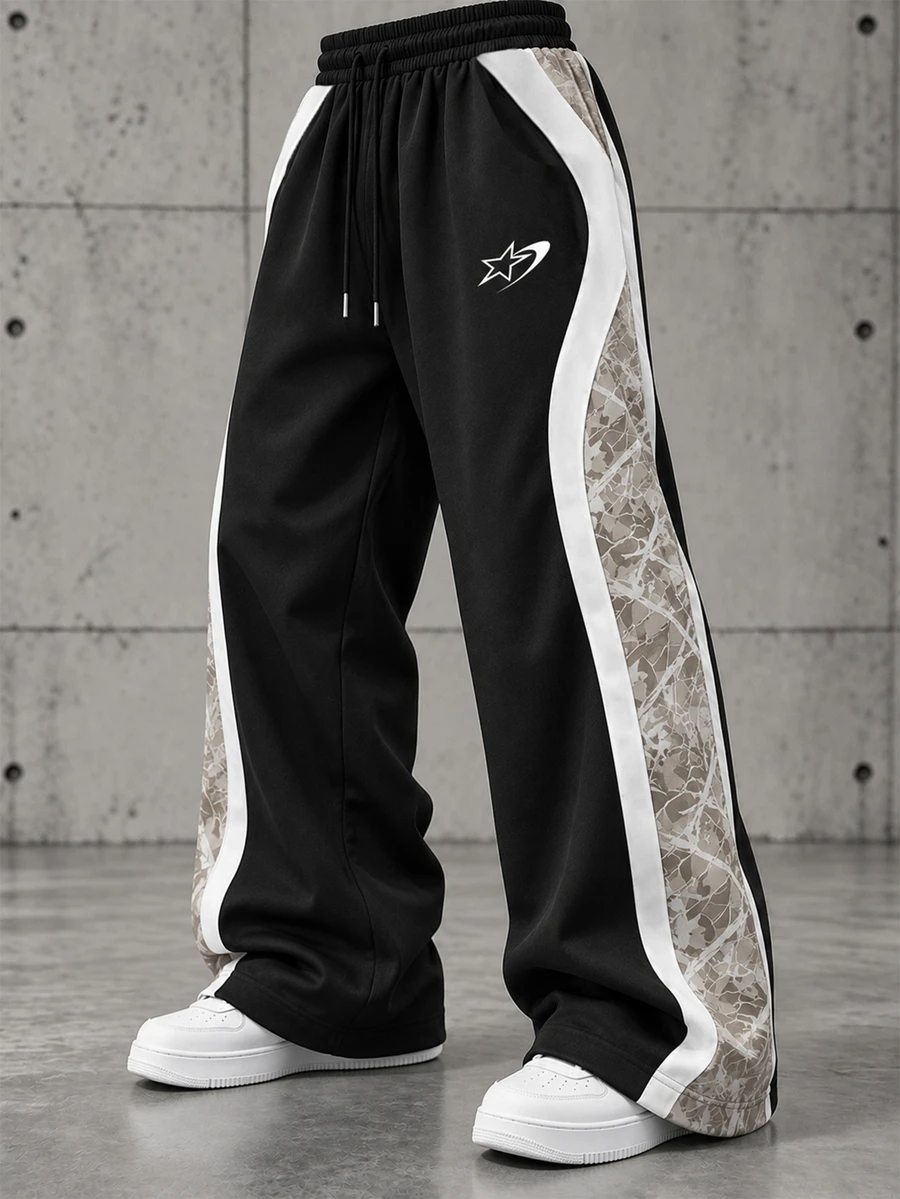 Sport MetroGents Men's Casual Elastic Waist Drawstring Design Patchwork Print Sports Long Pants - Multicolor - View 1