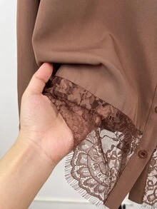 Muvela 女款純色蕾絲飾邊襯衫，適合約會、度假、派對、日常穿著、聚會、戶外活動 - 棕色 - 查看 7