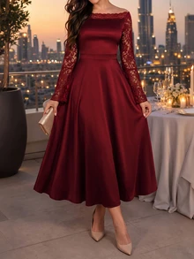 Velvienne Women's Plus Size Solid Color Collar Lace Patchwork Elegant Party Dress, Lace Long Sleeve Patchwork Dress - Burgundy - View 5