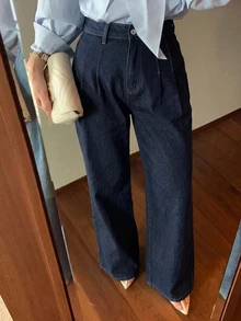 Dazy Plus High Waist Washed Blue Pleated Wide Leg Jeans, Loose Fit Versatile Long Pants, All Season Style Going Out Office Casual Fall - Dark Wash - View 3