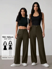 SHEIN PETITE 女款休閒百搭鈕扣長褲，適合日常穿著與辦公室通勤 - 墨綠色 - 查看 2