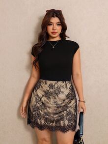 Elaquor Plus Size Women Floral Lace Elegant Fashion Short Skirt - Black - View 3
