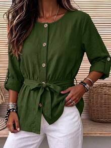 EMERY ROSE Women's Vintage Cinched Waist Casual Commute Long Sleeve Round Neck Blouse - Green - View 8