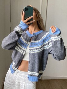 Livesso Cardigan de punto de cable con botones, cuello redondo, manga larga, ajuste ceñido y acanalado, color gris azulado, para mujer, otoño/uso diario casual escolar - Gris - Ver 1