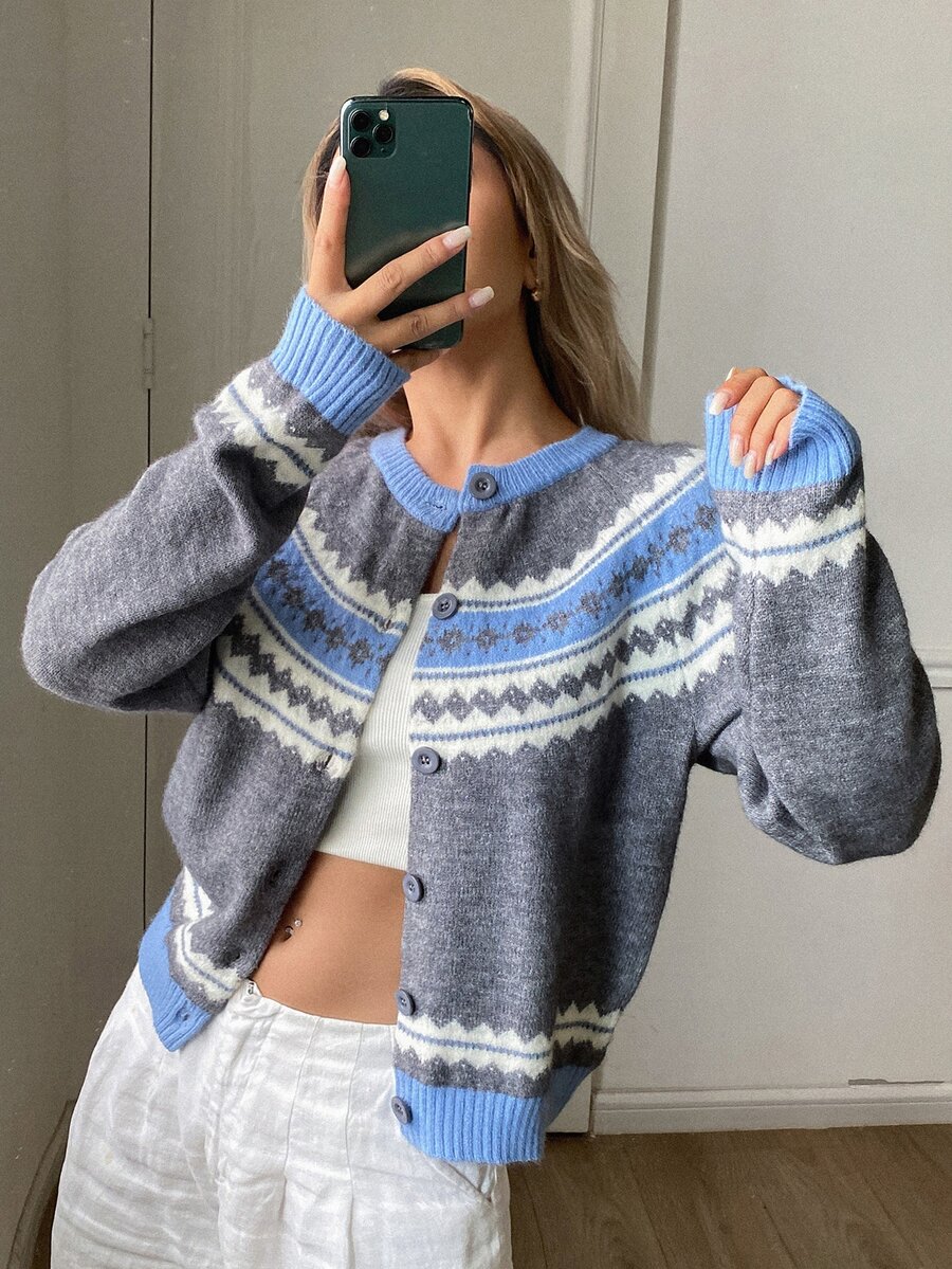 Livesso Cardigan de punto de cable con botones, cuello redondo, manga larga, ajuste ceñido y acanalado, color gris azulado, para mujer, otoño/uso diario casual escolar - Gris - Ver 1