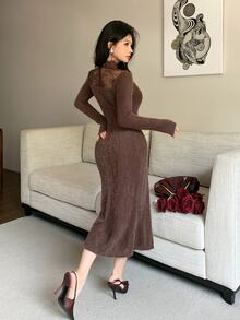 Feyla Women's Sweet Lace Patchwork Long Sleeve Mermaid Dress - Coffee Brown - View 2