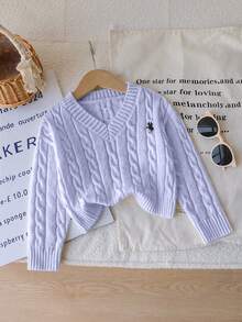 Young Girl Sweater, V-Neck Cable Knit Cropped Pullover, Long Sleeves, Light Purple, Embroidered Logo - Mauve Purple - View 1
