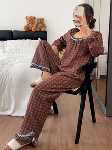 Napfluff Women's Vintage Square Neck Plaid Contrast Color Ruffle Trim Pajama Set - Brown - View 4