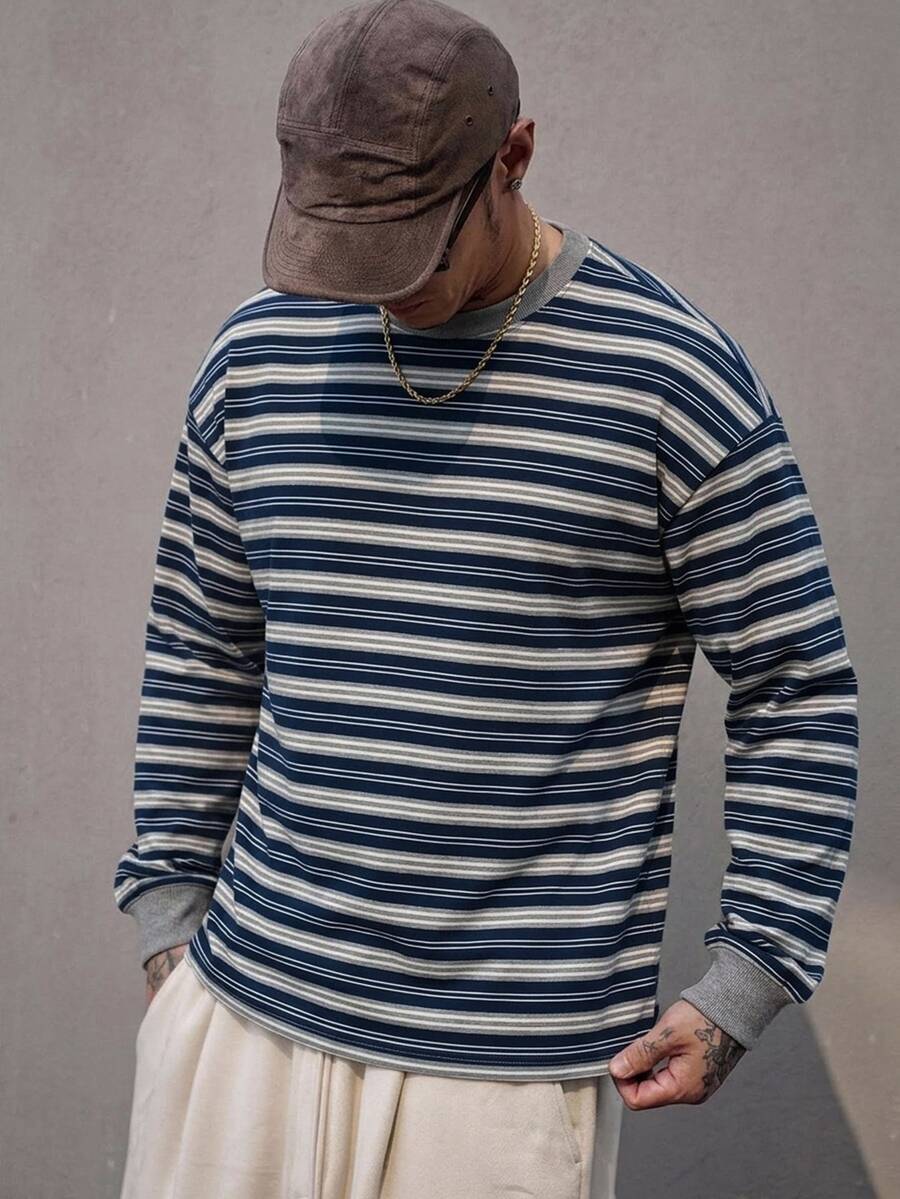 DAZY Spring/Autumn Blue Grey Striped Crew Neck Long Sleeve Cuffed Men's T-Shirt - Multicolor - View 1