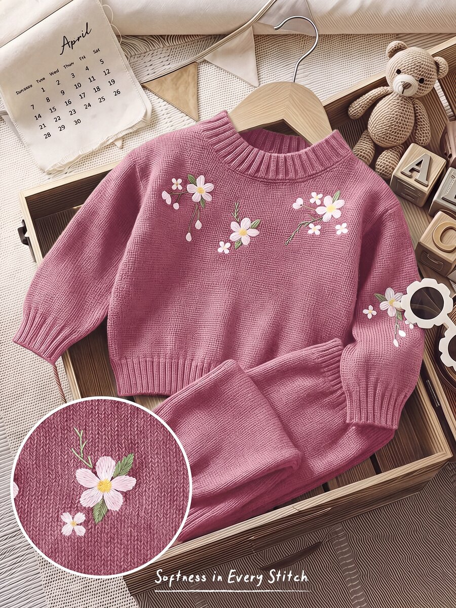 Cozy Pixies Conjunto de suéter de manga larga con bordado floral y ...