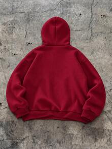 SHEIN Coolqubz 1件青少年男孩極簡高街純色拼接套頭運動衫，小Logo點綴，舒適面料，獨特版型，秋冬新款，適合多種場合 - 酒紅色 - 查看 2