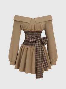 Sweetra Women's Off-Shoulder Tie-Front Short Dress - Brown - View 1
