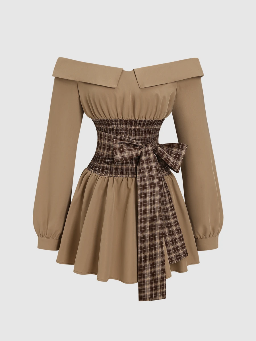 Sweetra Women's Off-Shoulder Tie-Front Short Dress - Brown - View 1