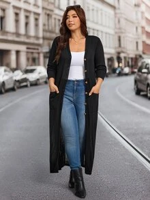 Comfylo Plus Size Women's Long Sleeve Long Cardigan With Pockets, Open Front V-Neck, Lightweight Soft Comfortable Casual Daily Wear Winter - Black - View 5