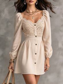 Cévolie Women's Solid Color Button Decor Lace Patchwork Long Sleeve Simple Versatile Dress - Apricot - View 6
