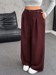 SHEIN EZwear Plus Size Solid Color Button Closure Casual Wide Leg Pants With Belt In Fall/Winter - Burgundy - View 1