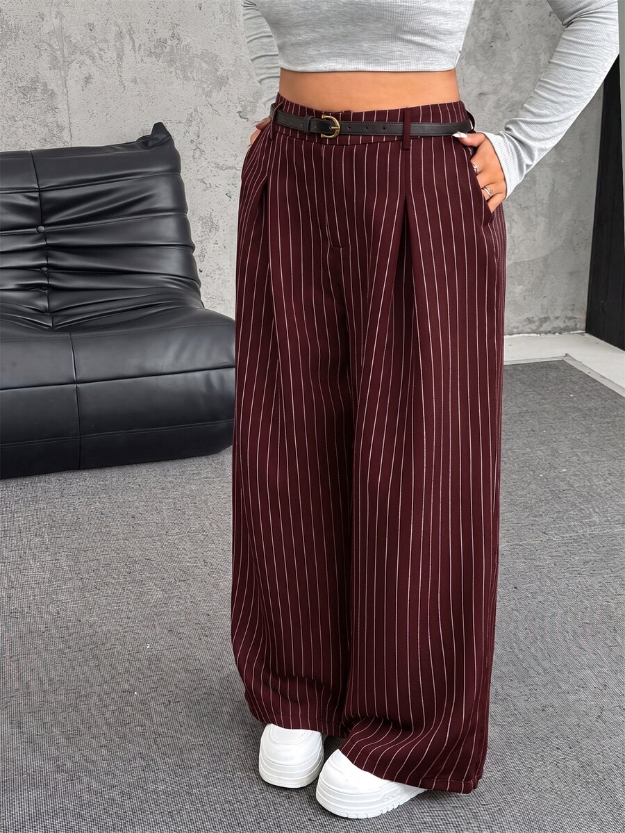 SHEIN EZwear Plus Size Solid Color Button Closure Casual Wide Leg Pants With Belt In Fall/Winter - Burgundy - View 1