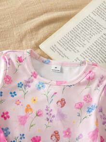 SHEIN 秋冬款女童幼兒針織圓領薄款可愛夢幻仙氣卡通圖案玫瑰紅小圓點拼接褲仙靈俏皮數位印花 4 件套長袖長褲修身舒適柔軟面料女童睡衣家居服 - 粉色 - 查看 10