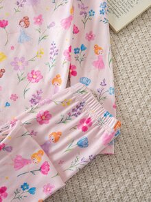 SHEIN 秋冬款女童幼兒針織圓領薄款可愛夢幻仙氣卡通圖案玫瑰紅小圓點拼接褲仙靈俏皮數位印花 4 件套長袖長褲修身舒適柔軟面料女童睡衣家居服 - 粉色 - 查看 6