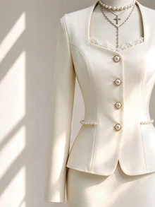 SHEIN Autumn/Winter Long Sleeve Business Commute Wedding Banquet Party Elegant Formal Rhinestone Button Cinched Waist Ruffle Hem Blazer & Slit Fishtail Skirt Set, Beige, Elegant Romantic Women's 2 Pieces Set - Apricot - View 4