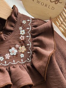 LMoss Kids Infant & Baby GirlVintage Pastoral Style Long Sleeve Dress, Coffee Color Ruffle Flutter Sleeve, Spring/Autumn, Chic Versatile Outfit For Outings - Multicolor - View 7