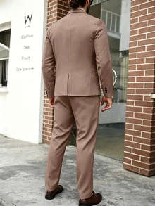 Manfinity Mode Men's Plus Size Solid Lapel Neck Long Sleeve Blazer And Pants Business Travel Set, Formal, Ceremony - Brown - View 2
