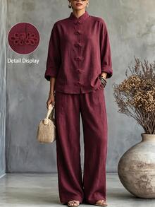 Linhara CURVE Plus Size Women's Burgundy Chinese Style Modified National Style Outfit, Loose Drop Shoulder Frog Button Top And Flowy Wide Leg Pants Commuter Set - Burgundy - View 1
