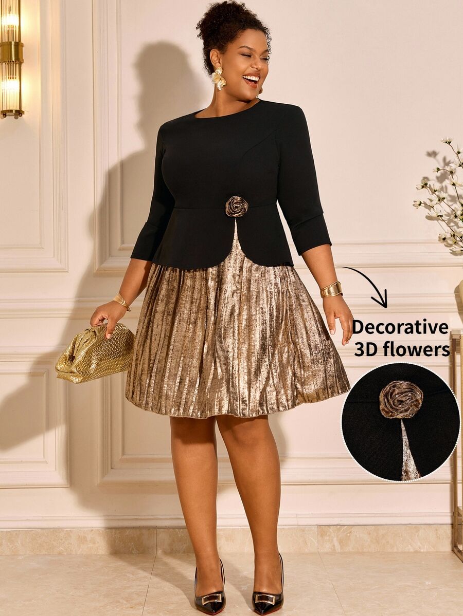 BrightlyHer Plus Size Elegant 3D Floral Decor Pleated Dress - Multicolor - View 1
