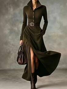 Glimmora Autumn/Winter Women's Fashion Vintage Solid Color Cross High Slit Hem Half-Open Front Button Lapel Long Sleeve Regular Shoulder Long Dress - Green - View 4
