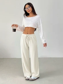 SHEIN PETITE 女款純色抽繩腰鬆軟針織寬鬆休閒長褲，秋冬款，寬腿褲 - 杏色 - 查看 4