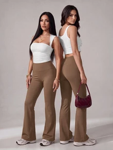 SHEIN Tall 女款純色修身百搭日常穿著喇叭褲 - 卡其色 - 查看 10