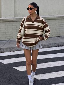 Muchica 女款 Polo 領長袖寬鬆運動衫，黃色與棕色條紋返校大學風，休閒極簡運動街頭風百搭派對聚會機場穿搭 Y2K 上衣，女款秋季服飾，秋季穿搭，女款通勤穿搭，百搭上衣，外出穿搭，機場穿搭 - 彩色 - 查看 5