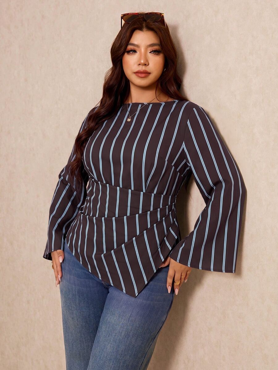 Elaquor Plus Size Women's Striped Flared Sleeve Pleated Asymmetric Hem Casual Shirt - Brown - View 1