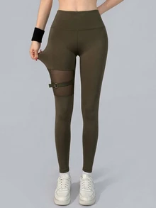 DAZY Women's Mesh Patchwork Casual Daily Wear Sports Leggings - Olive Green - View 7