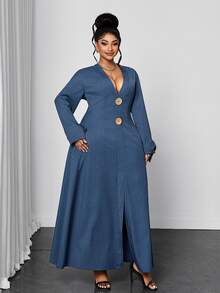 Maweii Plus Size Women's Casual Commute V-Neck Long Sleeve Large Button Decor Cinched Waist Dress Fall - Blue - View 5