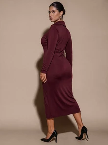SHEIN BAE CURVE Plus Size Women's Grape Purple Polo Collar Mid-Length Dress - Purple - View 3