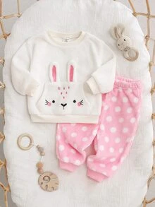 SHEIN Kids Baby Girl Knitted Cute Cartoon Rabbit Embroidered Pattern Crew Neck Pullover Faux Fur Sweatshirt With Elastic Waist Polka Dot Faux Fur Long Pants 2 Pieces Set, Suitable For Autumn/Winter, Casual Versatile Comfortable - Multicolor - View 6