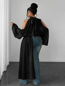 Maweii Plus Size Women's Solid Color Cold Shoulder Casual Daily Wear Blouse - Black - View 6