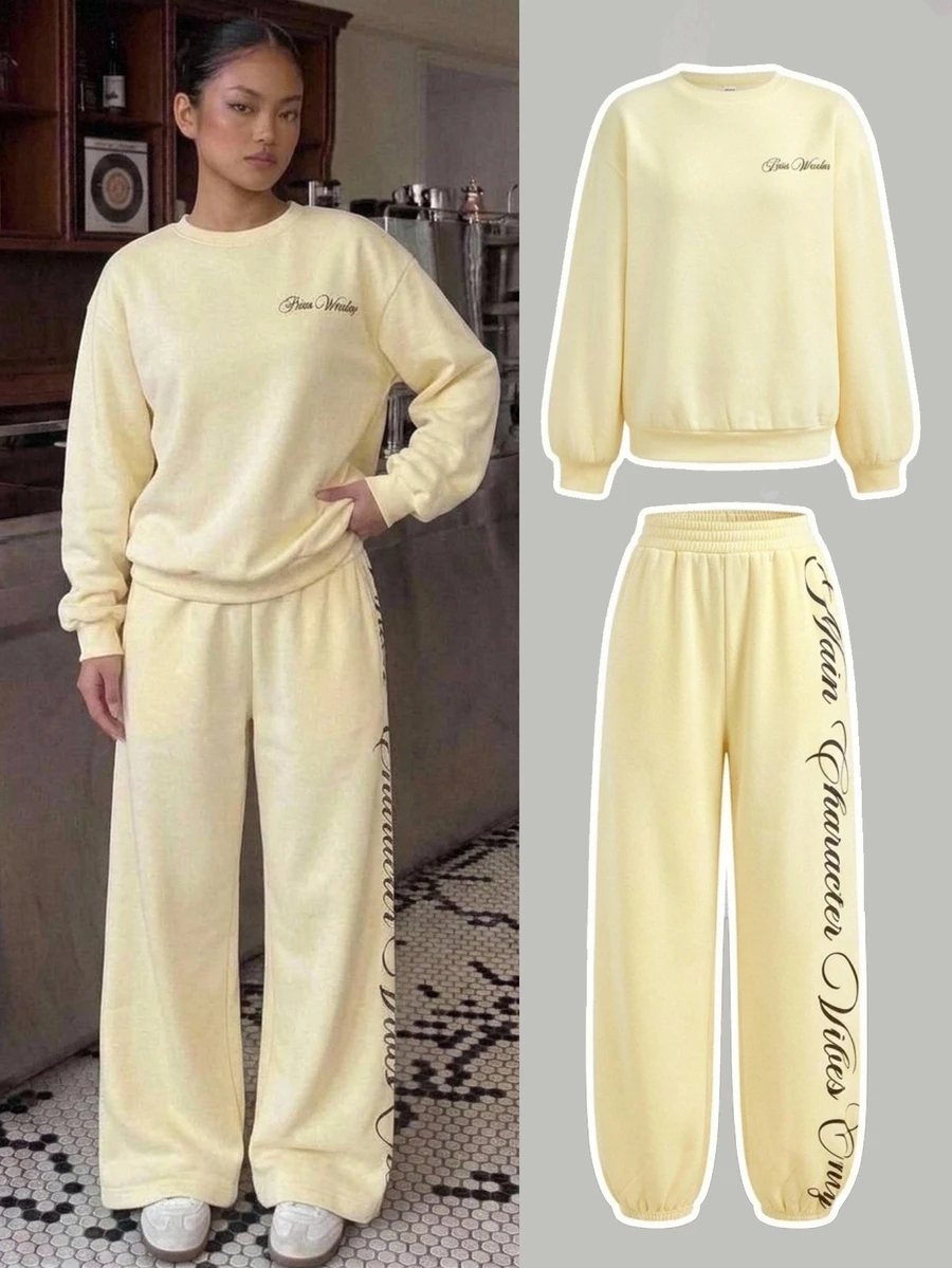 SHEIN Teen Girl Knit Pale Yellow English Print Pattern Crew Neck Sweatshirt And Sweatpants Casual 2 Pieces Set - Yellow - View 1
