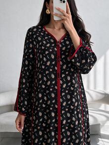 Yasmyna New Contrast Trim V-Neck Romantic Elegant Ditsy Floral Dress, Versatile For Vacation, Daily Wear, Home, And Party - Multicolor - View 6
