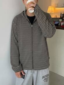DAZY Spring/Autumn Black & Grey Striped Double Zipper Front Hooded Sweatshirt, Korean Style For Men - Multicolor - View 8