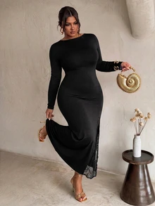 Firerie Plus Size Women's Lace Patchwork Elegant Cinched Waist Party Dress - Black - View 1