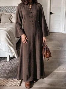 Louniche Women's Autumn/Winter Long Sleeve Cinched Waist A-Line Textured Fabric New Chinese Style Stand Collar Frog Button Long Dress - Brown - View 1