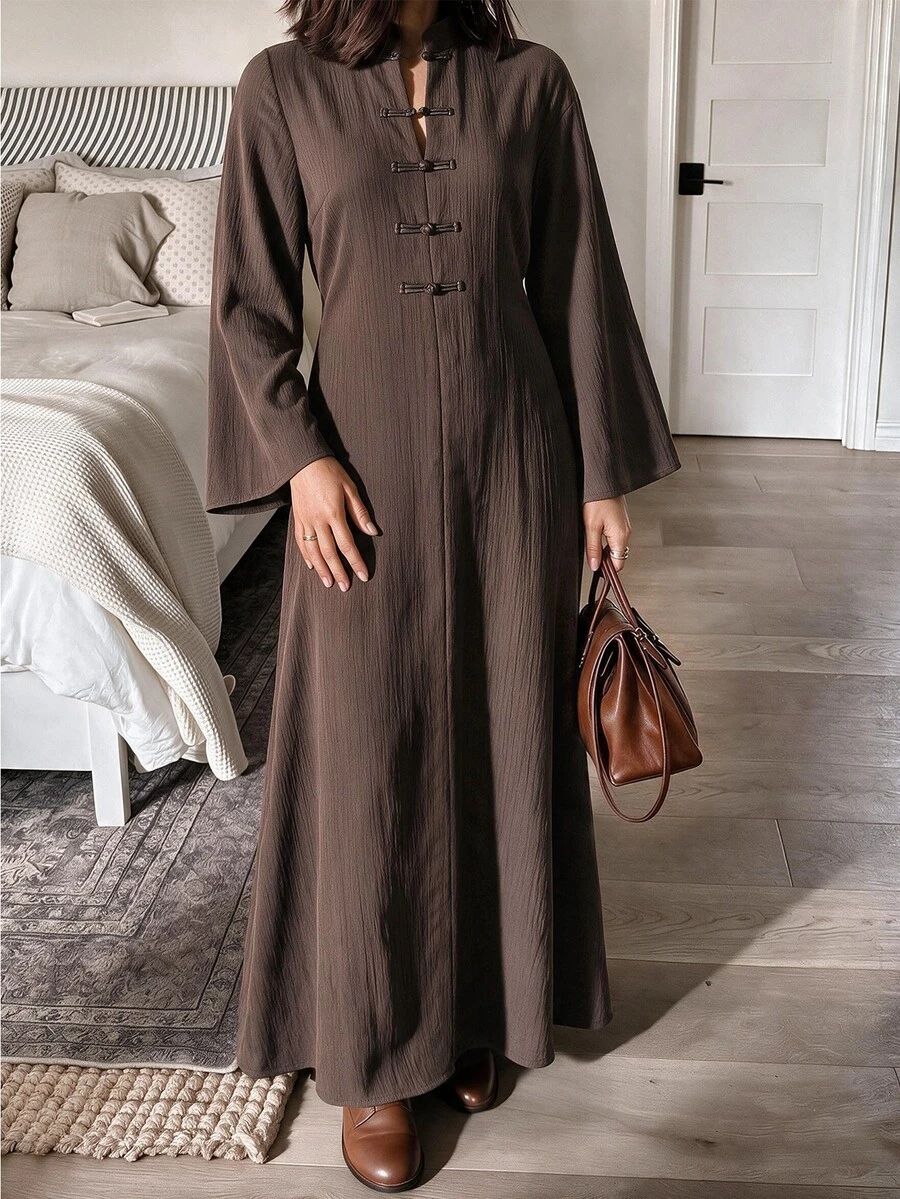 Louniche Women's Autumn/Winter Long Sleeve Cinched Waist A-Line Textured Fabric New Chinese Style Stand Collar Frog Button Long Dress - Brown - View 1