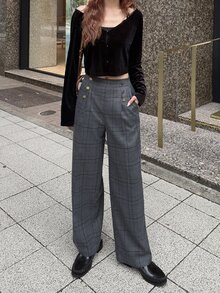 FRIFUL Women's Waist Button Design Pocket Plaid Straight Leg Pants - Brown - View 5