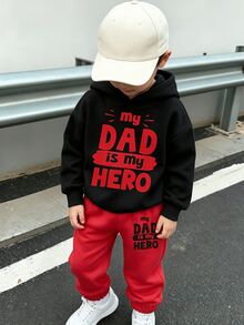 幼童男孩黑白標語圖案連帽衛衣與運動長褲套裝，秋季休閒創意時尚舒適秋冬親子套裝 - 彩色 - 查看 3