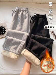 SHEIN EZwear 秋冬女款保暖內裡加厚寬鬆休閒寬腿運動褲2件套，買1送1，超保暖，適合日常通勤、約會、派對、秋冬、夏季、婚禮、海灘、畢業典禮，優雅休閒，適合外出，Y2K風格，聖誕節等 - 彩色 - 查看 5