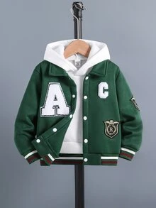 SHEIN Genkimix Kids 男童復古大學棒球夾克，酷炫雪尼爾字母貼布與徽章刺繡森林綠壓扣飛行夾克，聖誕節，Noël - 墨綠色 - 查看 1
