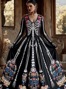 SHEIN LUNE CURVE فستان مقاس كبير بطبعة زهور وعظام قوطية داكنة - أبيض وأسود - مشاهدة 4