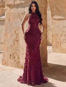 Coutiva Women's Sequin Design Halter Neck Elegant Luxury Evening Dress - Burgundy - View 3